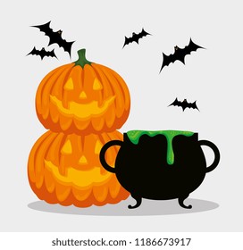 halloween card with cauldron and pumpkins
