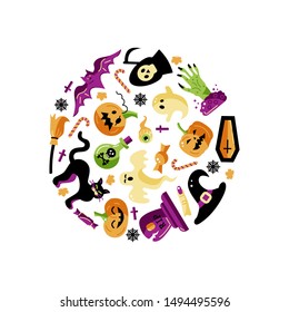 Halloween card with celebratory subjects. Flat style vector illustration. Design element for party invitation, flyer, greeting card, banner, print. Circle concept.