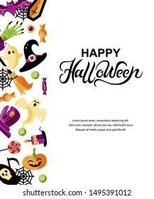 Halloween card with celebratory subjects. Hand drawn lettering Halloween. Place for text. Flat style vector illustration. Great for party invitation, flyer, greeting card.
