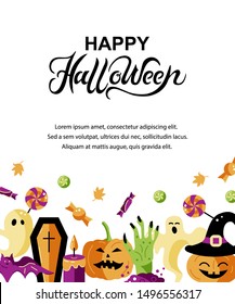 Halloween card with celebratory subjects. Hand drawn lettering Halloween. Place for text. Flat style vector illustration. Great for party invitation, flyer, greeting card.
