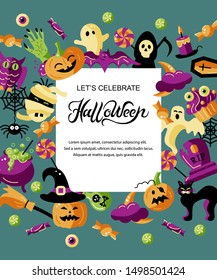 Halloween card with celebratory subjects. Hand drawn lettering Halloween. Place for text. Flat style vector illustration. Great for party invitation, flyer, greeting card.