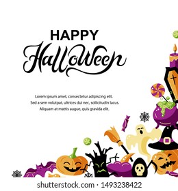 Halloween card with celebratory subjects. Handwriting lettering Halloween. Place for text. Flat style vector illustration. Great for party invitation, flyer, greeting card.
