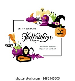 Halloween card with celebratory subjects. Handwriting lettering Halloween. Place for text. Flat style vector illustration. Great for party invitation, flyer, greeting card, web.