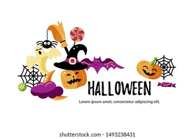 Halloween card with celebratory subjects. Place for text. Flat style vector illustration. Great for party invitation, flyer, greeting card, web, headline.