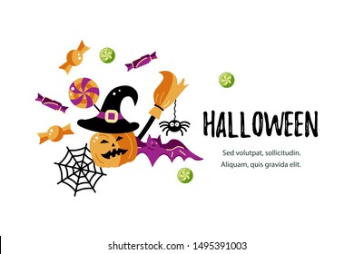 Halloween card with celebratory subjects. Place for text. Flat style vector illustration. Great for party invitation, flyer, greeting card, web, headline.