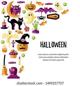 Halloween card with celebratory subjects. Place for text. Flat style vector illustration. Great for party invitation, flyer, greeting card.