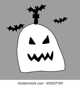 Halloween card with a cemetery, the grave ghost bats