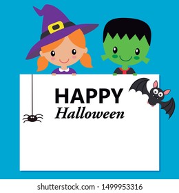 Halloween card. Children dressed as witch and monster