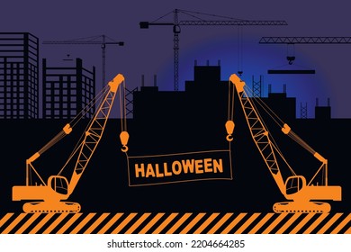 Halloween card. Construction cranes hold a banner with congratulations. Flat vector illustration.