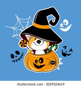 Halloween card with corgi dog wearing a witch hat and sitting in a pumpkin. Vector cartoon illustration. Halloween party