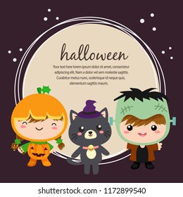 halloween card with costume kid and cat