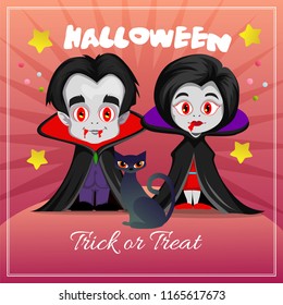 halloween card with couple dracula vampire cartoon characters costume