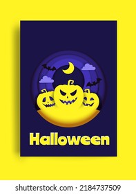 Halloween card craft vector design with moon, night clouds, flying bat and creepy pumpkin. Invitation poster, greeting card with lettering