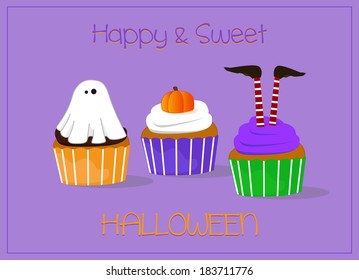 halloween card, creamy cupcakes for the halloween party on purple background
