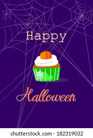 halloween card, creamy pumpkin cupcake topper poisoned on purple background