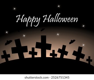 Halloween card with crosses and bats flying in the night sky