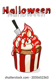 A Halloween card with a cupcake decorated with red icing and a sweet knife . Print for postcards and posters.cartoon
