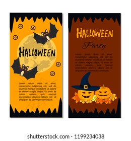 Halloween card with cute  bats, pumpkin with scary face, under the moon. Elements, objects for holiday card, invitation and party design.
