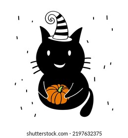 Halloween card. Cute black cat wearing witch hat with pumpkin. Smiling cat for Halloween. Vector illustration in cartoon flat style for poster, card, T-shirt, print pattern, greeting, invitation