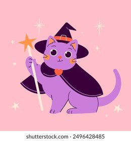 Halloween card with cute black cat. Halloween sticker. Happy holiday. Happy Halloween, Halloween for kids. Vector illustration in flat style 