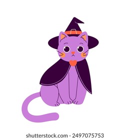 Tarjeta de Halloween con lindo gato negro. Pegatina de Halloween. Felices fiestas. Feliz Halloween, Halloween para niños. Ilustración vectorial en estilo plano	
