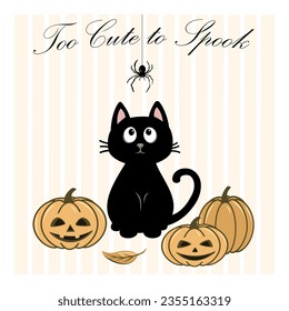 Halloween card with cute black kitten and carved pumpkins, vector illustration, decoration for Halloween party.