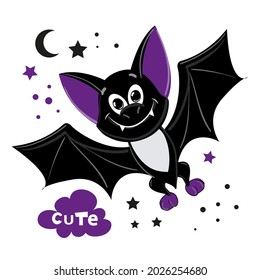 Halloween card with cute cartoon bat. Vector illustration isolated