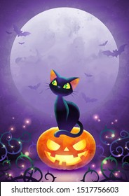 Halloween card with cute cartoon black cat, face pumpkin, bat on full moon background. Greeting card. Watercolor vector illustration.
