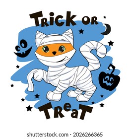 Halloween card with cute cartoon ginger cat in mummy costume. Vector illustration isolated