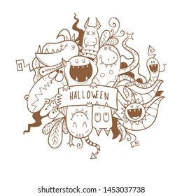 Halloween card with cute cartoon monsters. Print with a fantastic creature. Vector contour image white fill.