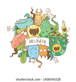 Halloween card with cute cartoon monsters. Print with a fantastic creature. Vector contour colorful  image.