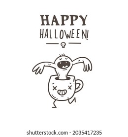 Halloween card with cute cartoon monsters. Holiday poster with spooky characters. Vector contour doodle image.