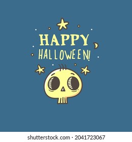 Halloween card with cute cartoon monsters. Holiday poster with spooky characters. Vector contour doodle skull.