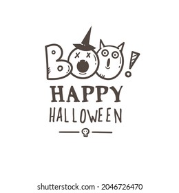 Halloween card with cute cartoon monsters. Holiday poster with spooky characters. Vector contour doodle letters.