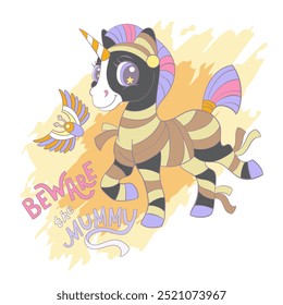 Halloween card with cute cartoon mummy unicorn. Lettering Beware the mummy. Vector illustration in trendy soft colors. For print, cards, invitation, sublimation, t shirt and clothes design