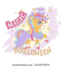 Halloween card with cute cartoon unicorn wearing witch hat. Lettering Magic Halloween. Vector illustration in trendy soft colors. For print, cards, invitation, sublimation, t shirt and clothes design