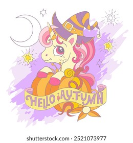 Halloween card with cute cartoon unicorn sitting in a pumpkin. Hello Autumn lettering. Vector illustration in trendy soft colors. For print, cards, invitation, sublimation, t shirt and clothes design