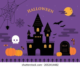 Halloween card. Cute castle silhouette on purple background and Halloween pumpkins items around it. flat design style vector illustration.