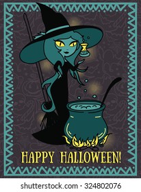 Halloween card with cute doodle witch, vector illustration