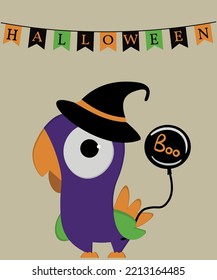 Halloween card with a cute flat design Bird with a Ballon and Magic Hat