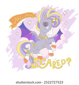 Halloween card with cute flying unicorn bat. Lettering Are you scared. Vector illustration in trendy soft colors. For print, card, invitation, sublimation, t shirt, clothes design, party