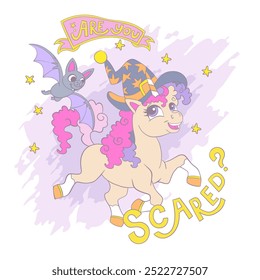 Halloween card with cute funny unicorn witch with bats. Lettering Are you scared. Vector illustration in trendy soft colors. For print, card, invitation, sublimation, t shirt, clothes design, party