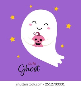 halloween card of cute ghost with funny pumpkin, flat vector illustration