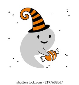 Halloween card. Cute ghost wearing witch hat with candy. Smiling ghost for Halloween. Vector illustration in cartoon flat style for poster, card, T-shirt, print pattern, greeting, invitation