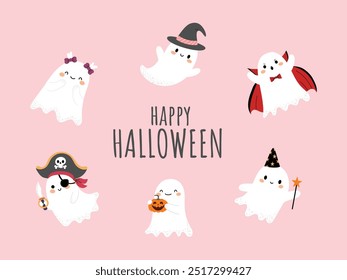 Halloween card with cute ghosts. Friendly ghost characters in costumes, pumpkin, and festive elements for Trick or Treat. Flat vector illustration for Halloween decorations, isolated on background.