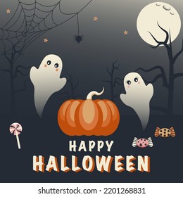Tarjeta de Halloween. Gafas, calabaza y texto Feliz Halloween. Afiche, pancarta. Ilustración vectorial al estilo de las caricaturas.