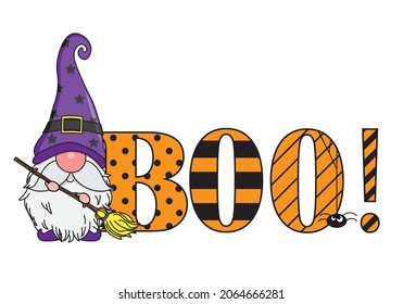 Halloween card. Cute gnome with the word boo. Isolated vector