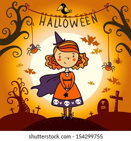Halloween card with cute little witch.