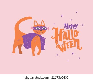 Halloween card with cute orange monster cat. Vector cute character. Design for greeting card, invitation, background. Happy halloween lettering. 