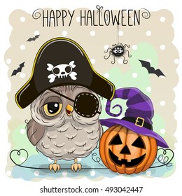 Halloween card with cute owl and pumpkin